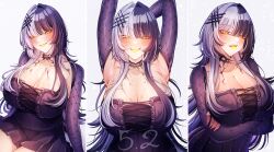 1girl absurdres adapted_costume alternate_costume arms_up black_choker black_dress black_hair blunt_bangs blush breasts choker cleavage colored_tongue commentary craymer crossed_arms dress fishnet_sleeves fishnets grey_hair hair_ornament highres hololive hololive_english lace lace-trimmed_choker lace_choker lace_trim large_breasts long_hair looking_at_viewer multicolored_hair open_mouth over_shoulder romaji_commentary shiori_novella shiori_novella_(1st_costume) simple_background smile solo split-color_hair symbol-only_commentary two-tone_hair virtual_youtuber yellow_eyes yellow_tongue