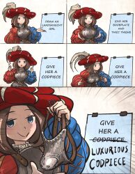 1girl armor blue_eyes boobplate breastplate brown_hair closed_mouth codpiece despicable_me english_text hat highres holding ironlily landsknecht_(ironlily) long_sleeves meme original puffy_long_sleeves puffy_sleeves smile