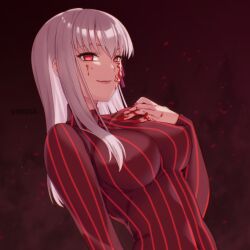 1girl black_dress body_markings breasts dark_sakura dress fate/stay_night fate_(series) hair_ribbon heaven&#039;s_feel highres large_breasts long_hair long_sleeves looking_at_viewer matou_sakura red_eyes ribbon smile solo striped_clothes striped_dress symoca vertical-striped_clothes vertical-striped_dress white_hair