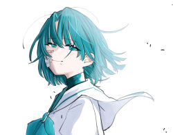 1girl ado_(utaite) akuru-chan_(ado) bandaid bandaid_on_face blue_eyes blue_hair blue_neckerchief blush closed_mouth cloud_nine_inc commentary_request eien_no_akuru_hi highres hirakazu looking_at_viewer neckerchief sailor_collar scrape shirt short_hair simple_background solo upper_body white_background white_sailor_collar white_shirt