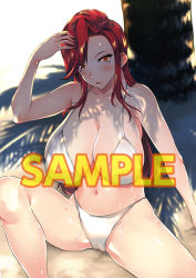 1girl bare_shoulders belly bikini blush breasts cameltoe character_request cleavage collarbone copyright_request erect_sawaru eyes_visible_through_hair huge_breasts navel open_mouth outdoors palm_tree red_hair sample_watermark sand shiny_skin sidelocks sitting solo spread_legs stomach sweat swimsuit thighs toranoana tree tree_shade watermark wet white_bikini