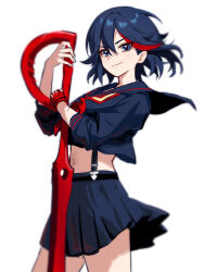 1girl amamiyayk black_hair black_sailor_collar black_shirt black_skirt blue_eyes cropped_shirt from_side gloves hair_between_eyes highres holding holding_sword holding_weapon kill_la_kill looking_at_viewer matoi_ryuuko medium_hair navel red_gloves sailor_collar shirt sidelocks single_glove skirt smile stomach sword weapon