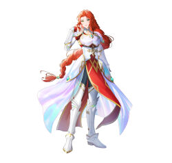 1girl absurdres armor armored_boots boots breastplate commentary english_commentary fire_emblem fire_emblem:_path_of_radiance fire_emblem_heroes full_body green_eyes highres long_braid long_hair looking_at_viewer nintendo official_art red_hair riz3 simple_background solo standing titania_(fire_emblem) very_long_hair white_background