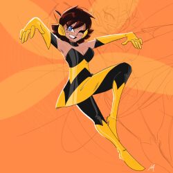 1girl avengers_(series) blue_eyes breasts brown_hair cleavage elbow_gloves gloves grin highres insect_wings janet_van_dyne looking_at_viewer marvel moccimu one_eye_closed short_hair sketch smile superhero_costume teeth the_avengers:_earth&#039;s_mightiest_heroes! two-tone_bodysuit wasp_(marvel) wings yellow_gloves