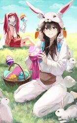 2girls \||/ alternate_costume animal_costume animal_ears bambietta_basterbine barefoot basket black_hair bleach bleach:_sennen_kessen-hen blue_ribbon blue_sky blunt_bangs blush brown_eyes carrot_hat_ornament commentary cosplay day deadman70232800 dokugamine_riruka dress easter easter_egg egg english_commentary enpera eyelashes eyes_visible_through_hair fake_animal_ears film_grain full_body grass grin hair_between_eyes hand_up heart heart_print highres holding holding_egg hood hood_up kigurumi knee_up long_hair long_sleeves looking_at_viewer miniskirt multiple_girls navel official_alternate_costume on_grass outdoors pleated_skirt rabbit rabbit_costume rabbit_ears rabbit_tail red_eyes red_hair red_skirt ribbon scarf sitting skirt sky smile suspender_skirt suspenders tail twintails v-shaped_eyebrows wariza white_rabbit_(animal) wide_sleeves