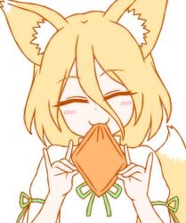 1girl aburaage animal_ears blonde_hair blush closed_eyes closed_mouth commentary double_fox_shadow_puppet food fox_ears fox_girl fox_shadow_puppet fox_tail green_ribbon ketsumaimo kudamaki_tsukasa lowres neck_ribbon ribbon short_hair simple_background smile solo tail tofu touhou upper_body white_background white_romper