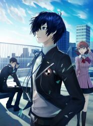 1girl 2boys absurdres adjusting_hair baseball_cap black_hair black_jacket black_pants black_ribbon black_skirt black_socks blue_eyes blue_hair blue_hat blue_shirt blue_sky bow bowtie brown_eyes brown_hair building cardigan choker cloud cloudy_sky collared_shirt commentary digital_media_player digital_walkman earphones_removed earrings eyelashes feet_out_of_frame flipped_hair gekkoukan_high_school_uniform hair_over_one_eye hand_in_pocket hat heart heart_choker highres ingyuarts iori_junpei jacket jewelry kneehighs long_sleeves looking_to_the_side loose_bowtie miniskirt multiple_boys neck_ribbon open_clothes open_jacket outdoors pants parted_lips persona persona_3 persona_3_reload pink_cardigan pink_lips red_bow red_bowtie ribbed_cardigan ribbon rooftop school_uniform shirt short_hair sitting skirt sky socks standing stud_earrings sunlight takeba_yukari upper_body walkman_nw-s203f white_choker white_shirt yuuki_makoto_(persona_3)