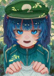 Rule 34 | 1girl, :d, absurdres, alternate costume, blue eyes, blue hair, blue jacket, blunt bangs, blush, commentary request, grass, green hat, hair bobbles, hair ornament, hat, highres, inushichi, jacket, kawashiro nitori, looking at viewer, lower teeth only, medium hair, newsboy cap, open mouth, pov, smile, solo, teeth, touhou, track jacket, two side up, upper body, variant set