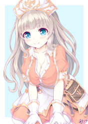 1girl arin_von_heilbronn bag blue_eyes breasts brown_hair cleavage dress globe gloves hat highres iris_mysteria! k_(nura-rikuo) large_breasts long_hair looking_at_viewer orange_dress smile white_gloves