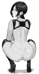 1girl ada_wong aelion_draws anus ass bad_link black_boots black_gloves black_hair boots choker closed_mouth eyelashes from_behind full_body gloves greyscale harness high_heel_boots high_heels highres lips looking_at_viewer looking_back monochrome nude pussy resident_evil short_hair simple_background solo squatting thigh_boots white_background