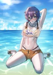 1girl absurdres aqua_eyes arm_up bare_shoulders belle_(summer_skies)_(zenless_zone_zero) belle_(zenless_zone_zero) blue_hair blue_sky blush cloud commentary crop_top day e.h.zonn hair_ornament hairclip highres jewelry looking_at_viewer navel necklace ocean off-shoulder_shirt off_shoulder official_alternate_costume orange_shorts parted_lips see-through_clothes see-through_shirt shirt short_hair short_shorts short_sleeves shorts sitting sky solo stomach thighs tied_shirt wariza water zenless_zone_zero