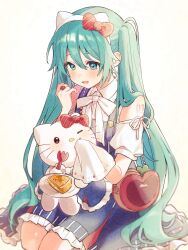 Rule 34 | 2girls, commentary, crossover, english commentary, fork, green hair, handkerchief, hatsune miku, hello kitty, hello kitty (character), highres, holding, holding fork, holding handkerchief, jewelry, long hair, multiple girls, official alternate costume, one eye closed, project sekai, ring, sanrio, saucer, shirt, twintails, uminokaisen, very long hair, vocaloid, white shirt