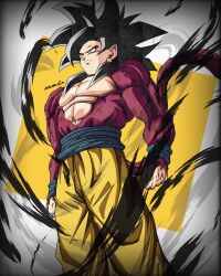 Rule 34 | 1boy, absurdres, black hair, blue sash, body fur, dougi, dragon ball, dragon ball gt, highres, long hair, male focus, monkey boy, monkey tail, muscular, muscular male, no nipples, noir illust, pants, pectorals, red fur, saiyan, sash, solo, son goku, spiked hair, super saiyan, super saiyan 4, tail, yellow pants