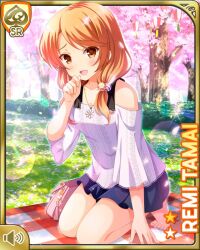 1girl :d barefoot black_skirt brown_eyes brown_hair card_(medium) cherry_blossoms day girlfriend_(kari) jewelry kneeling looking_at_viewer low_twintails necklace official_art open_mouth outdoors qp:flapper shirt skirt smile solo tagme tamai_remi twintails white_shirt