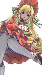 1girl artist_request blonde_hair blue_eyes bonnet bow brown_shoes classic_lolita dress drill_hair flower green_bow green_ribbon grey_pantyhose highres lolita_fashion long_sleeves pantyhose pink_flower pink_rose puffy_long_sleeves puffy_sleeves red_dress red_headwear ribbon rose rozen_maiden shinku shoes simple_background smile solo twintails white_background