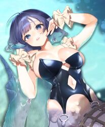 1girl alternate_costume black_leotard blue_eyes blue_hair blue_nails breasts clothing_cutout commentary fins fishing_net head_fins highres large_breasts leotard looking_at_viewer lying mermaid mokokiyo_(asaddr) monster_girl navel navel_cutout on_back parted_lips partially_submerged short_hair solo strapless strapless_leotard symbol-only_commentary touhou wakasagihime water wrist_cuffs