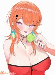 Rule 34 | 1girl, absurdres, breasts, candy, cleavage, cross, cross necklace, deermiko, earrings, feather earrings, feathers, fingernails, food, hair ornament, heart, heart hair ornament, highres, holding, holding candy, holding food, holding lollipop, hololive, hololive english, jewelry, large breasts, lollipop, long hair, looking at viewer, necklace, orange hair, patreon logo, patreon username, pink eyes, pink nails, sharp fingernails, simple background, solo, swirl lollipop, takanashi kiara, virtual youtuber, white background, x hair ornament