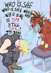 2boys absurdres blonde_hair boots brown_hair chair cloud_strife covering_face crying english_text final_fantasy final_fantasy_vii final_fantasy_vii_remake gloves highres legs meme multiple_boys pants parody photo-referenced pointy_hair red_xiii showering sitting square_enix thighs water