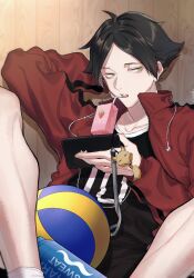 1boy arm_behind_head arm_up artist_name ball black_shirt bottle brown_hair cellphone charm_(object) cluck_gugu collarbone collared_jacket commentary crew_neck double-parted_bangs drinking_straw drinking_straw_in_mouth earbuds earphones green_eyes haikyuu!! hashtag-only_commentary highres holding holding_phone jacket knee_up long_sleeves looking_to_the_side male_focus milk_carton parted_lips phone popped_collar red_jacket shirt sideways_glance sitting slit_pupils smartphone socks solo sportswear suna_rintarou teeth upper_teeth_only volleyball_(object) volleyball_uniform water_bottle white_socks