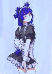 1girl alternate_costume animal_ears apron arms_behind_back back_bow bear_ears bear_girl bear_tail black_dress blue_hair blue_tail blunt_bangs blunt_ends blunt_sidelocks bow closed_mouth clothing_cutout collared_dress commentary cowboy_shot dress english_commentary enmaided eyebrows_hidden_by_hair frilled_dress frills from_side gris_(vertigris) half-closed_eyes half_updo head_tilt highres holding_own_arm light_blush light_smile long_eyelashes looking_at_viewer looking_to_the_side maid maid_apron medium_hair miniskirt narrowed_eyes original ponytail puffy_short_sleeves puffy_sleeves short_ponytail short_sleeves short_tail sidelocks sketch skirt smile solo tail tail_through_clothes thick_eyelashes two-tone_dress vertigris white_apron white_background white_dress white_wrist_cuffs wrist_cuffs