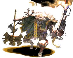 Rule 34 | 1boy, arm armor, axe, battle axe, braid, chain, crown, elden ring, extra arms, facing viewer, fire, flamethrower, fringe trim, fromsoftware, gauntlets, godrick the grafted, green poncho, grey hair, hieumay, highres, holding, holding axe, holding weapon, long hair, male focus, old, old man, outstretched arms, overexposure, sash, scarf, shadow, simple background, smoke, solo, twin braids, weapon, white background, white sash, wide shot, yellow scarf