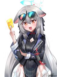 Rule 34 | :3, aged up, animal ears, arm under breasts, black bow, black dress, black jacket, blue archive, blue halo, blush, bow, china dress, chinese clothes, cleavage cutout, clothing cutout, collared dress, covered navel, credit card, dress, eyewear on head, grey hair, hair between eyes, halo, head bow, head tilt, highres, holding, id card, jacket, kokona (blue archive), long hair, long sidelocks, orange eyes, pleated skirt, sidelocks, skirt, smile, solharuu, striped clothes, striped dress, striped jacket, sunglasses, vertical-striped clothes, vertical-striped dress, vertical-striped jacket, very long hair, white skirt, white sleeve cuffs