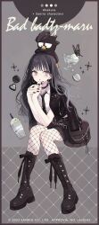 1girl 2023 absurdres akakura arms_up artist_name badtz-maru bag bird black_boots black_choker black_hat black_jacket black_ribbon boots chain character_name chocolate choker chromatic_aberration color_guide commentary_request cookie copyright_name copyright_notice cup drinking_straw fishnet_pantyhose fishnets food full_body grey_eyes hat highres ice_cream jacket knee_boots lace-up_boots long_hair long_sleeves necktie official_art open_clothes open_jacket open_mouth pantyhose penguin pleated_skirt ribbon sanrio shirt short_sleeves skirt solo sticker_on_face stuffed_toy white_shirt