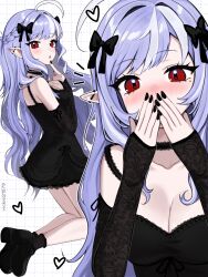 Rule 34 | 1girl, ahoge, alternate costume, alternate hairstyle, black dress, black nails, black shoes, blush, breasts, choker, cleavage, commentary, covering own mouth, detached sleeves, dress, goth fashion, grid background, hair ribbon, high heels, highres, lace, lace choker, lace sleeves, lace socks, long hair, looking at viewer, medium breasts, mole, mole under eye, multicolored hair, multiple views, pointy ears, purple hair, red eyes, ribbon, shoes, streaked hair, vickie (cryingrobot), vivian banshee, white hair, zenless zone zero