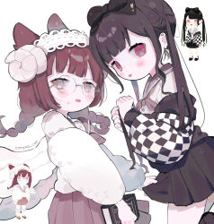 2girls :p artist_name black_shoes black_skirt black_sweater blunt_bangs blush book bow bowtie braid checkered_print child commentary_request cotono_(nazekun) cowboy_shot curled_horns floating_hair grey_eyes hands_up highres holding holding_book horns inset layered_sleeves looking_at_viewer multiple_girls off-shoulder_sweater off_shoulder original parted_lips pleated_skirt red_bow red_bowtie red_eyes red_hair red_skirt round_eyewear sailor_collar shirt shoes skirt skirt_hold sleeve_cuffs standing sweatdrop sweater tongue tongue_out twin_braids twintails white_horns white_shirt