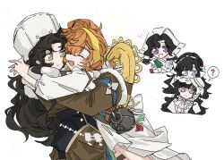 5girls ? anjo_nala black_hair blue_eyes brown_hair brown_skirt closed_eyes gelinzzz green_eyes hat heart highres hug isolde_(reverse:1999) long_hair lopera_(reverse:1999) moldir_(reverse:1999) multiple_girls orange_hair purple_hair reverse:1999 skirt smile straw_hat white_background white_skirt yuri