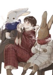 Rule 34 | 1girl, absurdres, animal, bench, black jacket, blue scarf, blush, boots, braid, brown boots, brown hair, brown rabbit, closed eyes, coat, cold, cup, drinking, eating, fur-trimmed boots, fur-trimmed scarf, fur trim, hair between eyes, highres, holding, holding cup, holding paper, jacket, long coat, long hair, original, outdoors, pale skin, paper, park bench, parted lips, rabbit, red coat, red eyes, red scarf, sayoko (sayosny2), scarf, signature, simple background, single braid, sitting, white background, white coat, white scarf, wide sleeves, winter