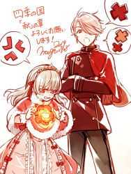 1boy 1girl anger_vein blonde_hair bow brown_pants buttons capelet commentary crossed_arms dated dress earrings frills fur-trimmed_capelet fur_trim gloves hair_over_one_eye highres jacket jewelry long_hair matsunaka_hiro open_mouth original pants red_bow red_capelet red_dress red_eyes red_hair red_jacket red_theme signature simple_background single_earring speech_bubble spoken_anger_vein spoken_x tiara translation_request v-shaped_eyebrows white_background white_gloves