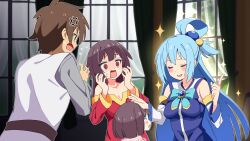 1boy 3girls :o absurdres anger_vein aqua_(konosuba) beads blue_hair blush_stickers breasts brown_hair child closed_eyes commentary curtains detached_sleeves dress father_and_daughter folded_ponytail green_eyes hair_beads hair_ornament highres if_they_mated index_finger_raised indoors kono_subarashii_sekai_ni_shukufuku_wo! long_hair medium_breasts megumin mother_and_daughter multiple_girls noyama_takenoko off-shoulder_dress off_shoulder open_mouth red_dress red_eyes satou_kazuma short_hair smile sparkle sparkling_aura very_long_hair window