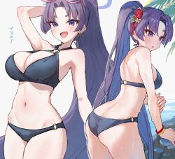 Rule 34 | 1girl, :d, bikini, black bikini, blue archive, breasts, cleavage, commentary request, eyewear on head, grey background, halo, highres, large breasts, long hair, looking at viewer, multiple views, o-ring, o-ring bikini, o-ring top, official alternate costume, open mouth, ponytail, purple hair, purple halo, simple background, smile, sunglasses, swimsuit, yomizu (rdad3278), yukari (blue archive), yukari (swimsuit) (blue archive)