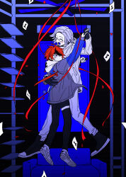 2boys :d ^_^ absurdres ahoge aotsuki_eito black_gloves black_pants black_shoes black_streaks blue_eyes blue_jacket blush ceiling_fan chinese_commentary closed_eyes couch crying crying_with_eyes_open door glasses gloves grey_hair grey_jacket hand_on_another&#039;s_back highres holding holding_hands holding_sword holding_weapon hood hoodie impaled interlocked_fingers jacket jacket_over_hoodie male_focus multicolored_hair multicolored_jacket multiple_boys open_mouth pants paper red_hair self-harm shoes short_hair smile spoilers streaked_hair streamers sumino_takumi sword tears the_hundred_line_-last_defense_academy- tuzhang629 two-tone_jacket weapon white_hoodie white_jacket white_pants white_shoes