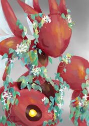 claws closed_eyes closed_mouth colored_skin commentary_request gen_2_pokemon highres insect_wings komaki_kom nintendo no_humans plant pokemon pokemon_(creature) red_skin scizor wings