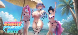 3girls animal_ears animal_print beach beach_umbrella bell belly bikini blush breasts brown_dust_(series) brown_dust_2 cleavage closed_eyes cloud cloudy_sky cow_ears cow_horns cow_print cow_print_bikini cowbell crossed_arms hair_ornament highres horns large_breasts maid maid_bikini maid_headdress multiple_girls navel official_art open_mouth palm_tree print_bikini rubia_(brown_dust) sky swimsuit teresse_(brown_dust) tree umbrella unconventional_maid wide_hips
