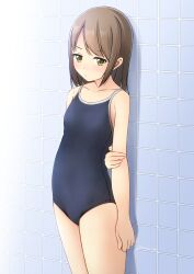 Rule 34 | 1girl, arm behind back, bare arms, bare shoulders, blue one-piece swimsuit, blush, brown hair, closed mouth, collarbone, commentary request, competition school swimsuit, green eyes, highres, long hair, one-piece swimsuit, original, school swimsuit, shibacha, solo, swept bangs, swimsuit, tile wall, tiles