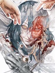 1boy 6+others blood blood_on_face blue_eyes blue_hair completely_nude disembodied_hand eyeball highres huli_xiaobai jujutsu_kaisen long_hair looking_at_viewer mahito_(jujutsu_kaisen) male_focus multiple_others nude stitched_face stitches