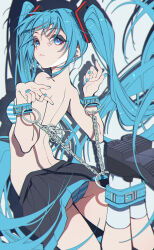 1girl absurdly_long_hair absurdres aqua_eyes aqua_hair aqua_nails arched_back ass bdsm black_shoes black_skirt bondage bound bound_arms bound_legs bra breasts chain commentary_request cuffs drop_shadow fingernails floating_hair foreshortening from_behind hair_over_one_eye hatsune_miku highres legs_up long_bangs long_hair looking_at_viewer looking_back median_furrow miniskirt nail_polish no_shirt palms panties pantyshot parted_lips pleated_skirt shoes sidelocks simple_background skirt small_breasts socks solo striped_bra striped_clothes striped_panties tiandingfengren turning_head twintails underwear very_long_hair vocaloid white_background white_socks wispy_bangs