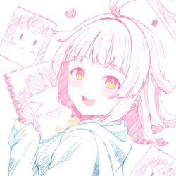 1girl absurdres ahoge blue_jacket blunt_bangs blunt_ends blush bow bowtie commentary heart highres holding holding_sketchbook hood hooded_jacket jacket kuntze long_sleeves looking_at_viewer love_live! love_live!_nijigasaki_high_school_idol_club medium_hair open_mouth pink_hair rina-chan_board sidelocks sketchbook smile solo star_(symbol) teeth tennoji_rina upper_body upper_teeth_only white_background yellow_bow yellow_bowtie yellow_eyes