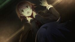 1boy 1girl asphyxiation black_jacket blazer blood blood_on_hands breasts chaos;child choke_hold constricted_pupils cropped_jacket crying crying_with_eyes_open dim_lighting drooling dutch_angle dying fingernails from_above game_cg hand_on_another&#039;s_neck hands_on_another&#039;s_neck hekiho_academy_school_uniform highres jacket long_sleeves medium_breasts miyashiro_takuru neck_grab non-web_source official_art onoe_serika open_mouth pink_hair sailor_collar sailor_shirt saliva sasaki_mutsumi shirt short_hair_with_long_locks strangling submission_hold tears tongue white_sailor_collar wide-eyed wrestling