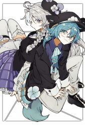 1girl 1other ahoge androgynous animal_ear_headwear animal_ears aqua_eyes aqua_hair artist_request ascot back-to-back black_footwear black_hat black_jacket blue_ascot blue_flower borrowed_character braid braided_ponytail check_gender closed_mouth collared_shirt commission double-parted_bangs fake_animal_ears feet_out_of_frame flower gender_request glasses grey_hair hair_between_eyes hair_flaps hair_over_shoulder hand_on_floor hand_rest hat highres inset_border jacket layered_sleeves light_smile loafers long_sleeves looking_at_viewer looking_back looking_to_the_side open_clothes open_jacket original pale_skin pants ponytail purple_eyes purple_shirt second-party_source shirt shoes short_over_long_sleeves short_ponytail short_sleeves sitting sleeves_past_wrists striped_ascot thighhighs two-tone_ascot white_ascot white_background white_pants white_thighhighs wing_collar