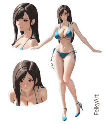 Rule 34 | 1girl, artist name, bikini, black hair, blue bikini, breasts, cleavage, closed mouth, collarbone, feikyart, final fantasy, final fantasy vii, full body, high heels, highres, large breasts, long hair, multiple views, navel, red eyes, side-tie bikini bottom, simple background, smile, stomach, swimsuit, thigh gap, thighs, tifa lockhart, very long hair, white background