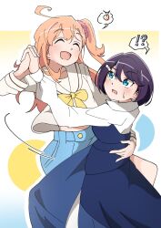 !? 2girls 3nu_m :d ^_^ ahoge azabu_mai blue_dress blue_eyes blue_shorts bow bowtie closed_eyes commentary_request cowboy_shot dress eighth_note gradient_background hair_ornament hair_scrunchie highres holding_hands ikizulive!_love_live!_bluebird interlocked_fingers looking_at_another love_live! multiple_girls musical_note one_side_up open_mouth orange_hair outline pink_scrunchie purple_hair raised_eyebrow sailor_collar sailor_shirt scrunchie shirt short_hair short_shorts shorts smile speech_bubble spoken_interrobang spoken_musical_note strapless strapless_dress takahashi_polka white_outline white_sailor_collar white_shirt yellow_bow yellow_bowtie