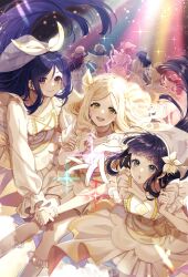 6+girls :o absurdres black_hair blonde_hair blue_eyes blue_hair blunt_bangs bow bracelet brown_hair commentary_request dot_nose dress earrings floating_hair foreshortening frilled_dress frilled_sleeves frills green_eyes grey_hair hair_bow hair_bun happy highres holding_hands idol jewelry kneehighs kunikida_hanamaru kurosawa_dia kurosawa_ruby long_hair long_sleeves looking_back love_live! love_live!_sunshine!! love_live!_sunshine!!_the_school_idol_movie_over_the_rainbow matsuura_kanan medium_dress medium_hair multiple_girls nakaya_rei next_sparkling!! ohara_mari open_mouth reaching reaching_towards_viewer red_hair revision sakurauchi_riko short_hair short_sleeves sidelocks single_side_bun sitting smile socks sparkle standing straight_hair surprised takami_chika teeth tsushima_yoshiko upper_teeth_only watanabe_you white_bow yellow_dress
