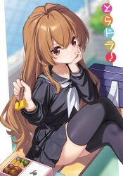 1girl absurdres aisaka_taiga bento black_sailor_collar black_serafuku black_shirt black_skirt black_thighhighs blush brown_eyes brown_hair chopsticks commentary dango_remi english_commentary highres holding holding_chopsticks holding_with_chopsticks long_hair long_sleeves looking_at_viewer neckerchief pleated_skirt sailor_collar school_uniform serafuku shirt skirt solo thighhighs toradora! white_neckerchief