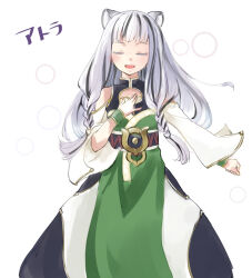 1girl animal_ears atla_fayon bare_shoulders black_hair blind blunt_bangs braid closed_eyes clothing_cutout commentary_request dress green_dress lion_ears lion_girl long_hair long_sleeves low_twin_braids multicolored_hair open_mouth shoulder_cutout simple_background streaked_hair tate_no_yuusha_no_nariagari teeth twin_braids two-tone_hair upper_teeth_only white-aster white_background white_hair
