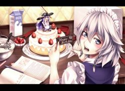2girls blue_dress blue_eyes blue_hair blush bowl braid cake dress female_focus food fruit happy_birthday hat hinanawi_tenshi izayoi-saki izayoi_sakuya letterboxed looking_at_viewer looking_back maid maid_headdress milk_carton multiple_girls open_mouth peach pen pink_eyes recipe ribbon short_sleeves smile strawberry touhou twin_braids
