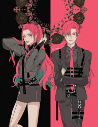1girl alternate_hairstyle ankekkai anne_faulkner belt black_background black_flower black_gloves black_jacket black_pants black_rose black_shirt black_skirt bow cigarette collared_shirt crossdressing dual_persona earrings feet_out_of_frame floral_background flower formal_clothes gloves green_hair green_ribbon hair_ribbon harness high_ponytail highres holding holding_cigarette jacket jewelry lipstick long_hair long_sleeves looking_at_viewer low_ponytail makeup miniskirt multicolored_hair necklace necktie open_mouth pants paradox_live pencil_skirt ponytail red_background red_hair red_lips red_necktie ribbon rose shirt skirt smile smoke suit suspenders tattoo thigh_strap twitter_username two-tone_background yellow_eyes